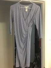Laundry By Design Dress 4 Blue White Faux Wrap Knee Length 3.4 Sleeves
