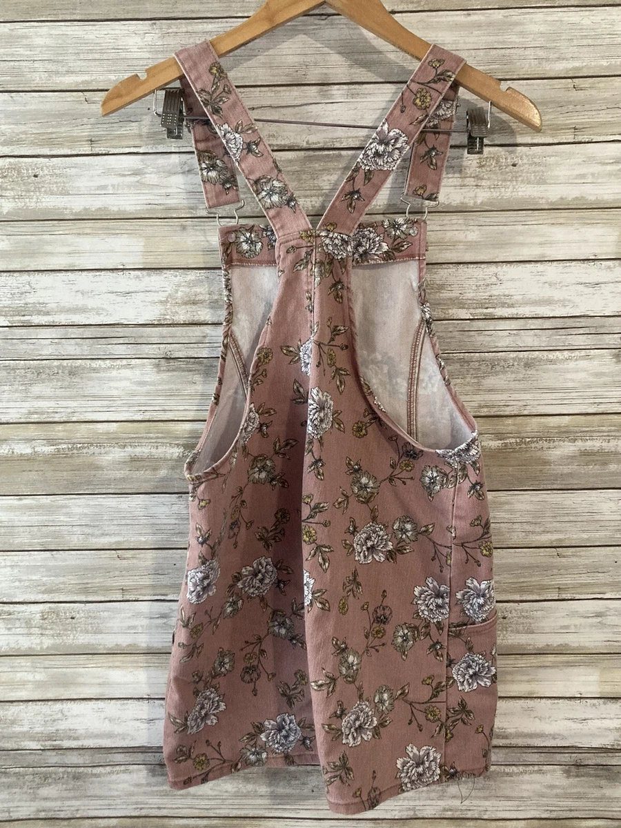 No Boundaries Juniors Pinafore Dress M 7 9 Pink Denim Floral