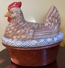 Vintage Handmade Ceramic Hen Chicken On Nest Farmhouse Decor Lidded Dish 9.5  