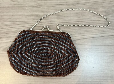 Bijoux Terner Mini Formal Handbag Brown + Blue Beaded Clutch Purse W/ Clasp