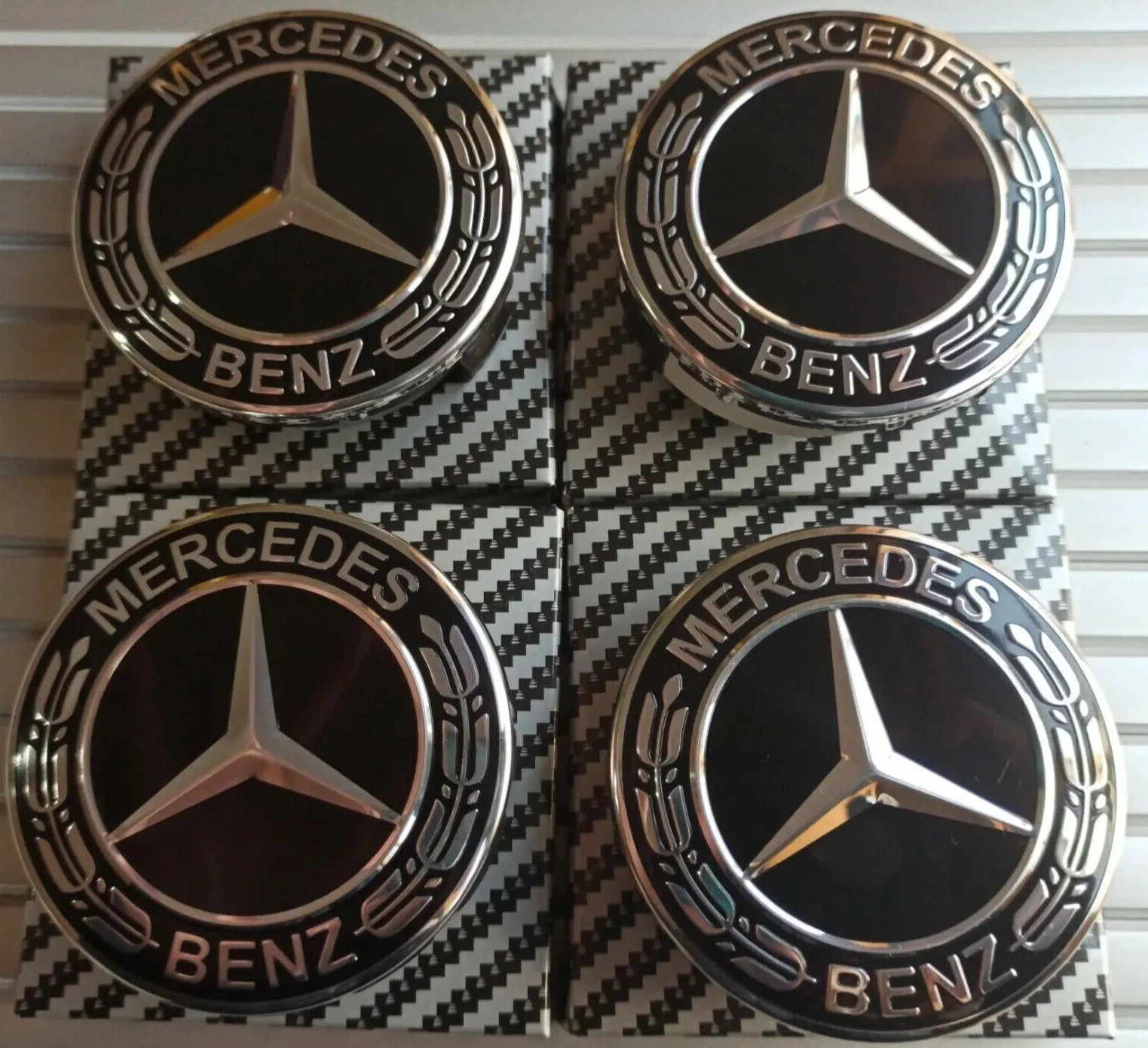 4x Mercedes Black Alloy Wheel Centre Hub Caps 75mm A B C E S M Class ML ...