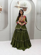 Mehendi Green Pure Cotton Mirror Gamthi Lehenga Choli Koti Set for Women