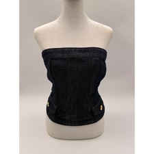 GUESS Strapless Denim Corset Bustier Top Dark Wash Gold Buttons Size Large