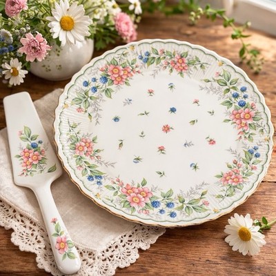 Vintage Porcelain Cake Pie Plate Server Set Cottagecore French Country Easter