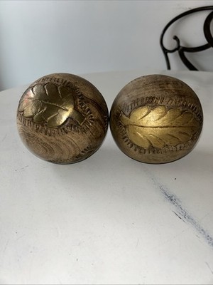 VTG Solid Wood Orb Ball Sphere Globe w Brass Leaf Inlay (2) 5 D