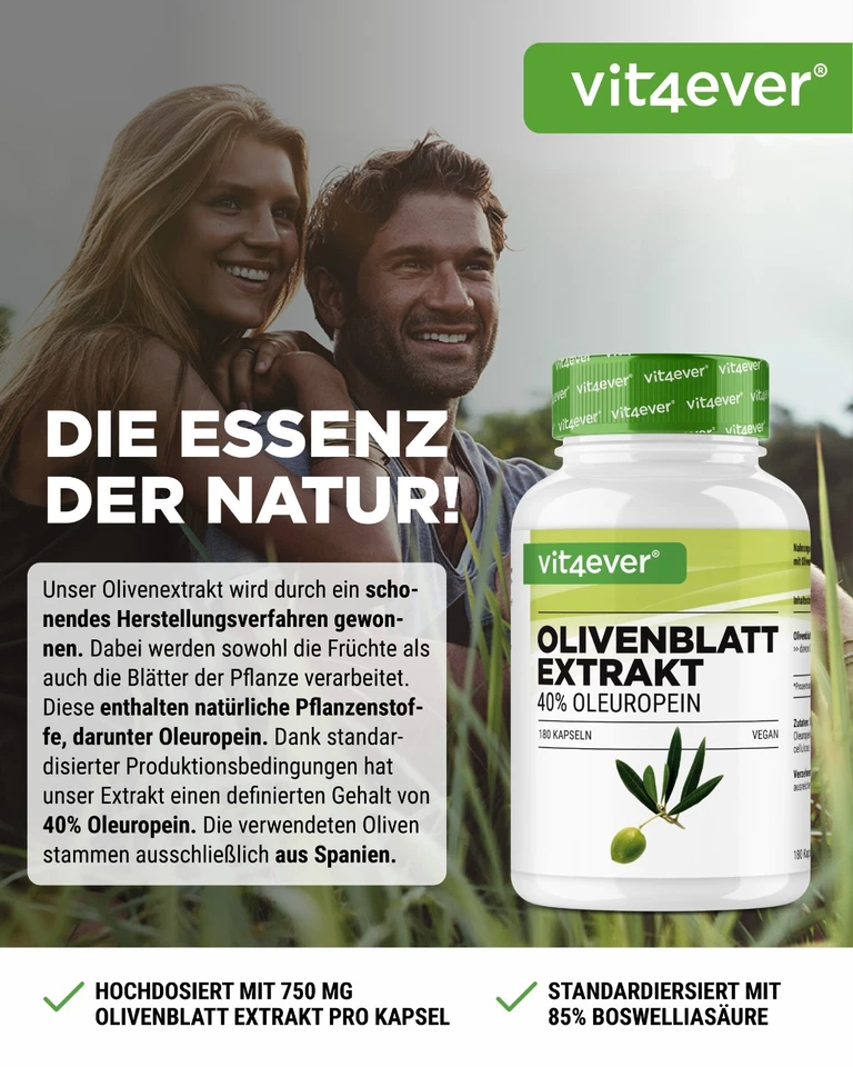 Olivenblatt Extrakt 750mg 180 vegane Kapseln mit 40% Oleuropein - Bild 2 von 4