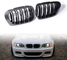 Pair Carbon Fiber Glossy Black Dual Slats Grill BMW E46 M3 328i...1999-2002