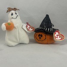 TY Halloween Beanie Baby Witch Pumpkin & Ghost Plush 2006 W/Tags Treats Ghoulian
