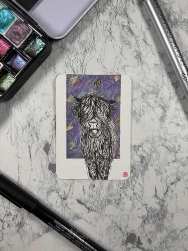 Original ACEO Art Highland Emo Cow Animal Mammal Watercolor Painting By Gia