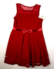 Calvin Klein Girls Illusion Mesh Bow Dress Red Formal Holiday Size 14.5 New