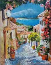 NO IMPORT FEES Yary Dluhos Italy Village Cobblestone Street Lake View Or...