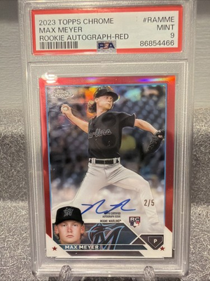 #ad 2023 Topps Chrome Max Meyer True Red Refractor AUTO RC 5 PSA 9 Marlins Ace $399.99