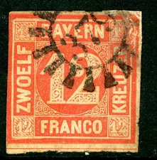 Germany States 1858 Bavaria 12Kr Red Scott #7 VFU M441