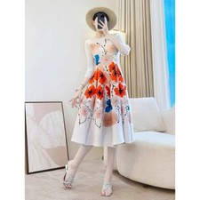 French Style Women's Floral Print Round Neck Long Dress A Line Pleated Spring Sz