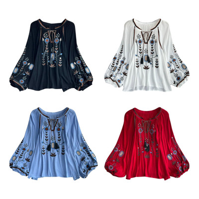Stickerei Bluse für Damen Pullover Blumen bestickt elegant lässig Bohemian