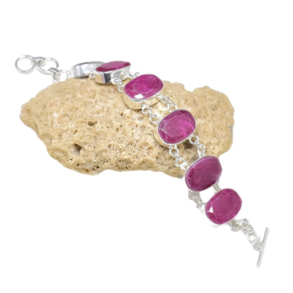 Pink Kashmiri Ruby Gemstone Handmade  925 Sterling Silver Jewelry Chain Bracelet - Image 2 of 4