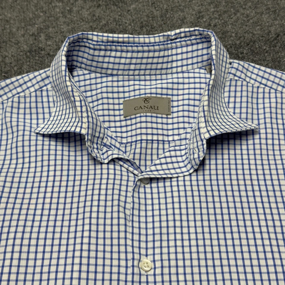 Camisa de vestir Canali para hombre XL 17.5 44 azul a cuadros manga larga botón algodón de lujo Foto 2 de 4
