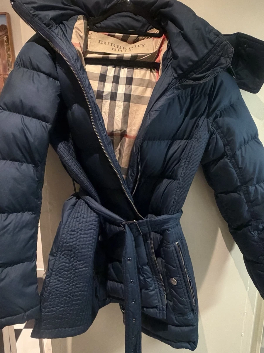 Abrigo acolchado Burberry Brit para mujer Winterley azul con cinturón y capucha forrado a cuadros M