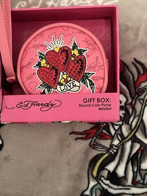 Ed Hardy Gift Box Pink Rhinestone Hearts Round Coin Purse Wristlet
