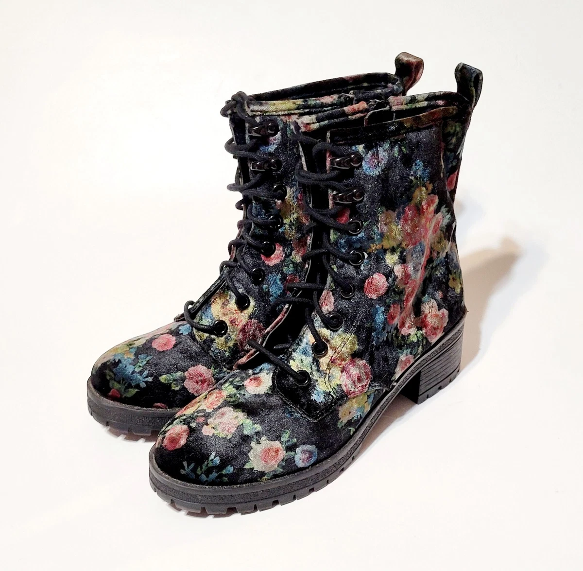 Madden Girl Eloisee Ankle Combat Boots Black Chunky Velvet Floral Y2K Wms 6.5US