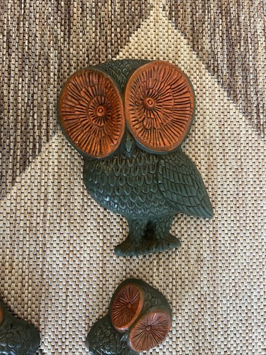 Vintage Set of 4 MCM Modern Owl Art Plaques Groovy 70’s Décor Avocado Orange - Picture 11 of 12