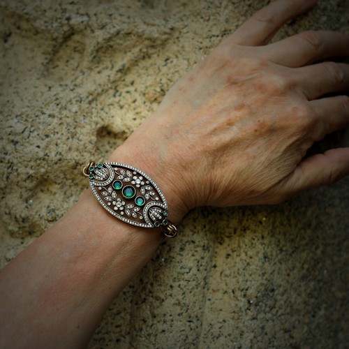 Bracelet Réglable Doré Antique Art Deco Ovale Laurier CZ Vert SC31 - Imagen 4 de 9