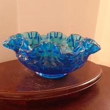 Fenton Ruffle Top Thumbprint Serving Bowl Blunique Blue, 8" mouth, 3.5" tall