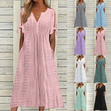 Women Summer V Neck Button Tie Short Sleeve Dress Eyelet Embroidery Solid Dress