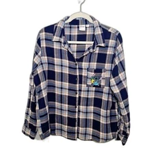 Disney Lelo & Stitch Plaid Button Down Shirt Medium Blue