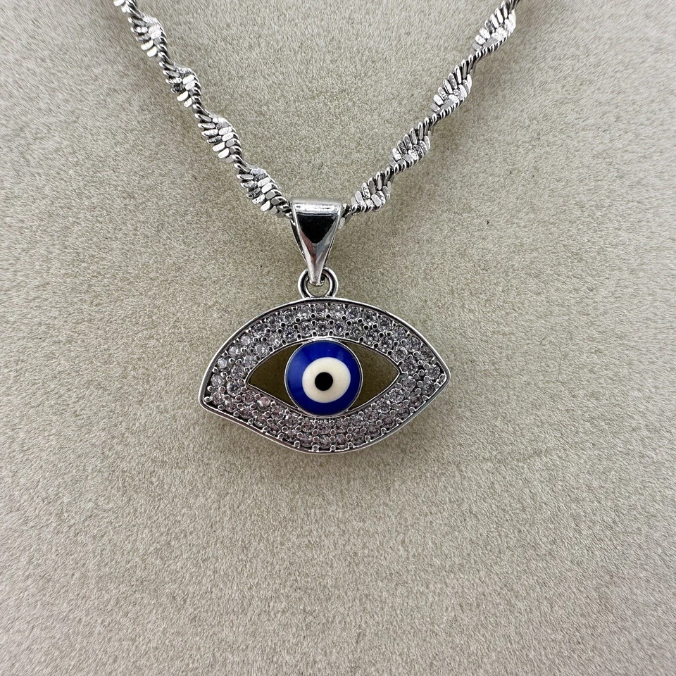 "Collar colgante 17"" 18K GP cadena espiga retorcida pavé de cristal mal de ojo" Foto 4 de 4