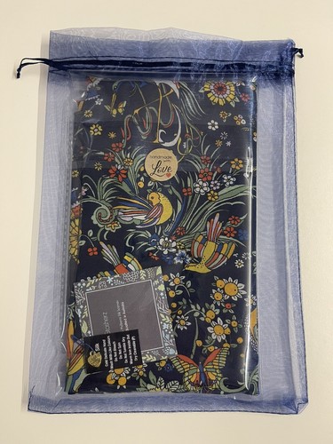 100% Mulberry Silk Scarf Crepe de Chine Navy Rainbow Birds & Flowers 50x185cm - Picture 8 of 8