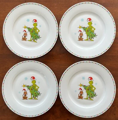 GRINCH ENTERPRISES DR.SEUSS HOW THE GRINCH STOLE CHRISTMAS 10.5"DINNER PLATES SET OF 4 MAX & TREE