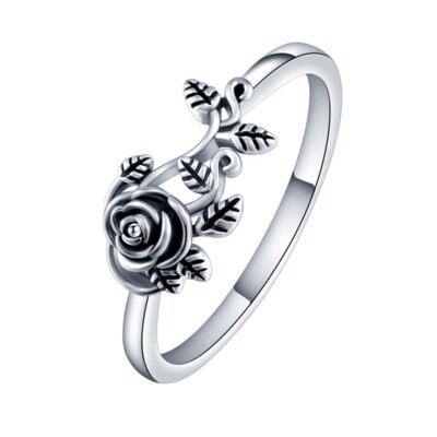 Silver Plated Vintage Ethnic Style Dainty Rose Flower Proposal Ring for Girls