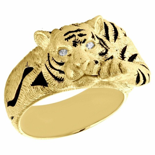 10K Yellow Gold Fn Created Diamond Tiger / Panther Black Enamel Pinky Ring 1CT - Picture 1 of 7