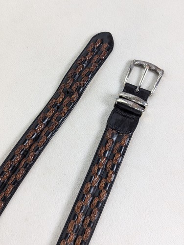 MEZLAN Dark Black Brown Woven Weave Casual Belt Leather Sz 42 - Picture 2 of 5
