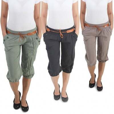 Aladin Damen 3/4 Capri Harems Pluder Pump Hose Baggy Bermuda Chino Shorts Sommer
