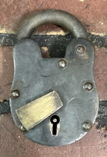 Antique Iron Padlock w/ Brass Keyhole Cover vintage, No Key