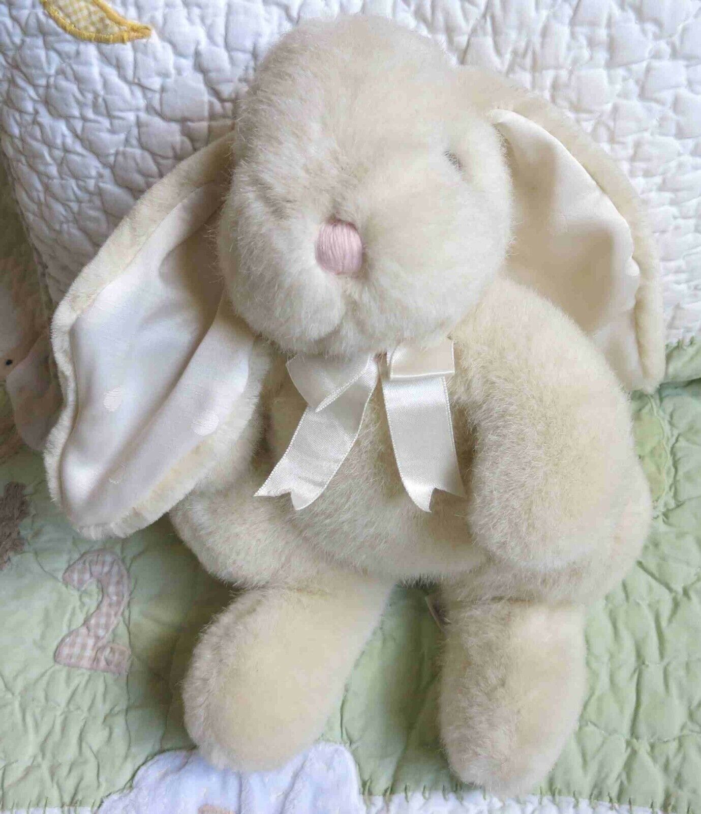 Mary Meyer Bunny Rabbit White Cream Plush Stuffed w Satin Ears & Bow EUC HTF 11"