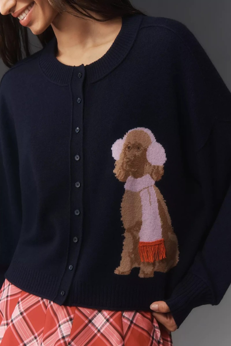 Anthropologie Goldendoodle Goldie Dog Icon Navy Cardigan Sweater M