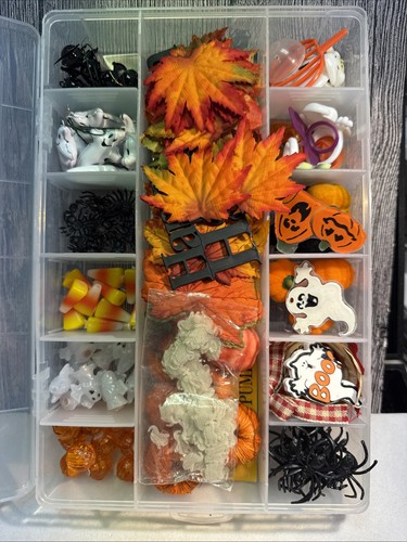 Plastic Case Of Halloween Leaves, Rings, Beads- DIY- Crafts- Free Shipping