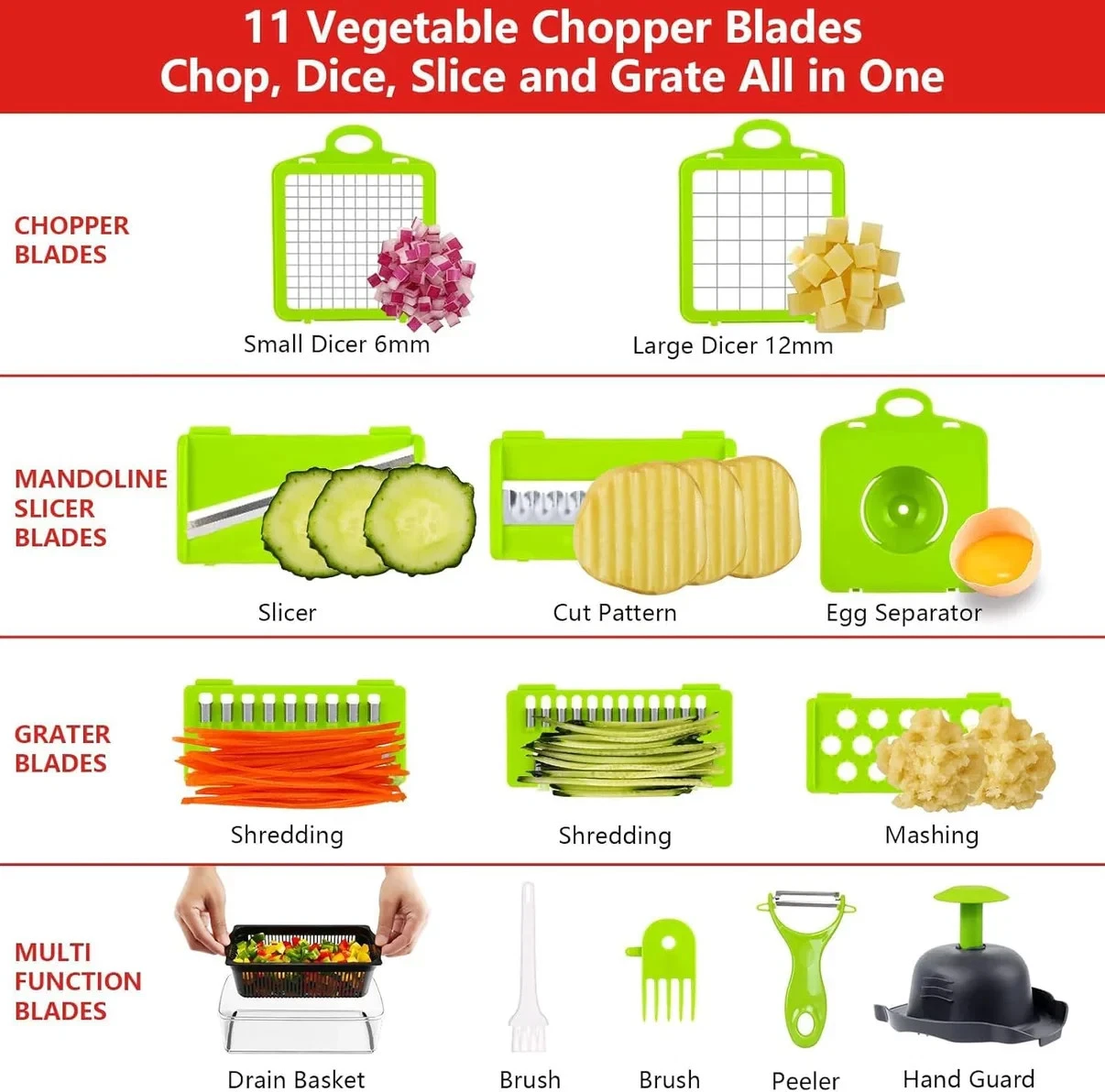 Professional Compact Vegetable Chopper, Food Cutter Chopper Mandoline Slicer (9