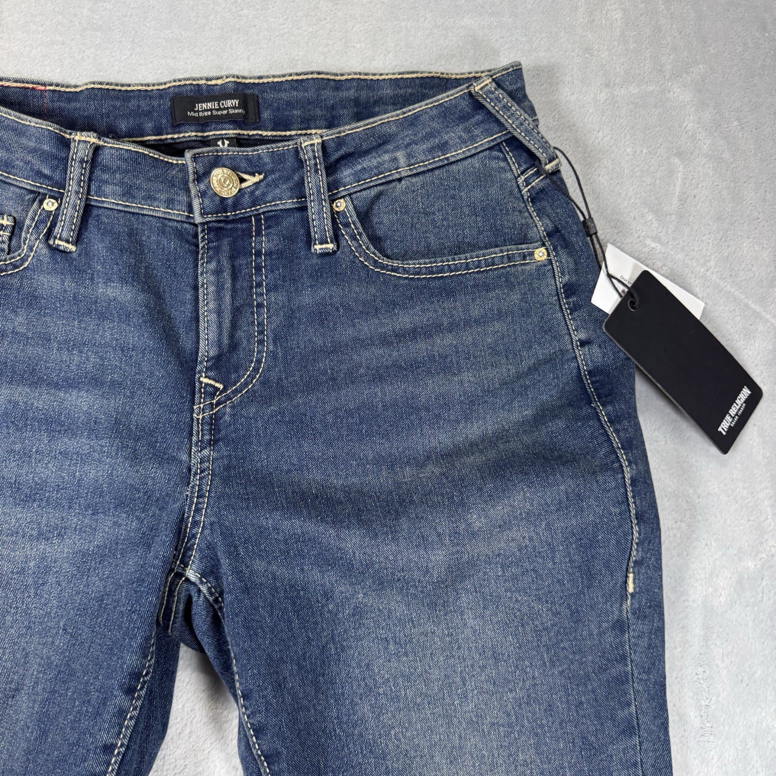 NWT $179 True Religion Jennie Curvy Crystal SN Mid Rise Super Skinny 29 Med Wash thumbnail 3