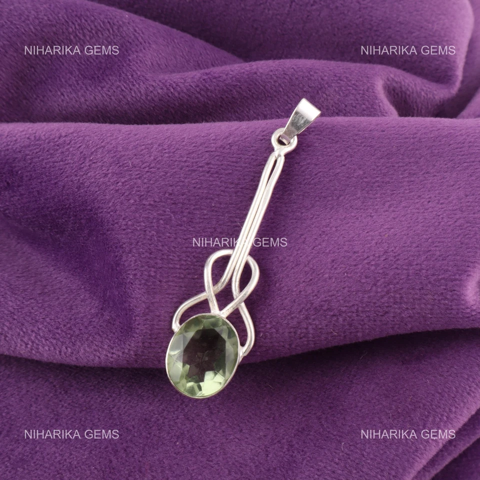 Argento Sterling Ovale Verde Ametista Gemma Art Déco Matrimonio Figlia Ciondolo - Immagine 4 di 4