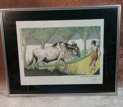Simon Drew signierter Druck Dartmouth Annie Get Your Gnu gerahmt 41x31cm Humor gut