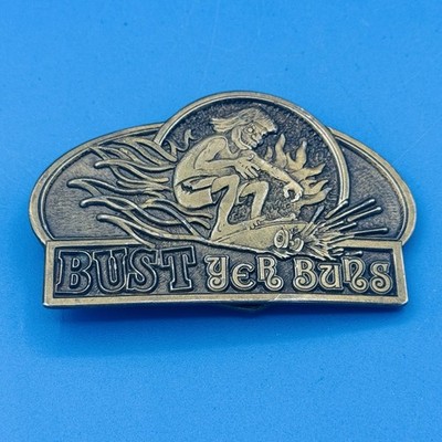 Vintage 1981 Spec-Cast Bust Yer Buns Skateboard Belt Buckle Brass