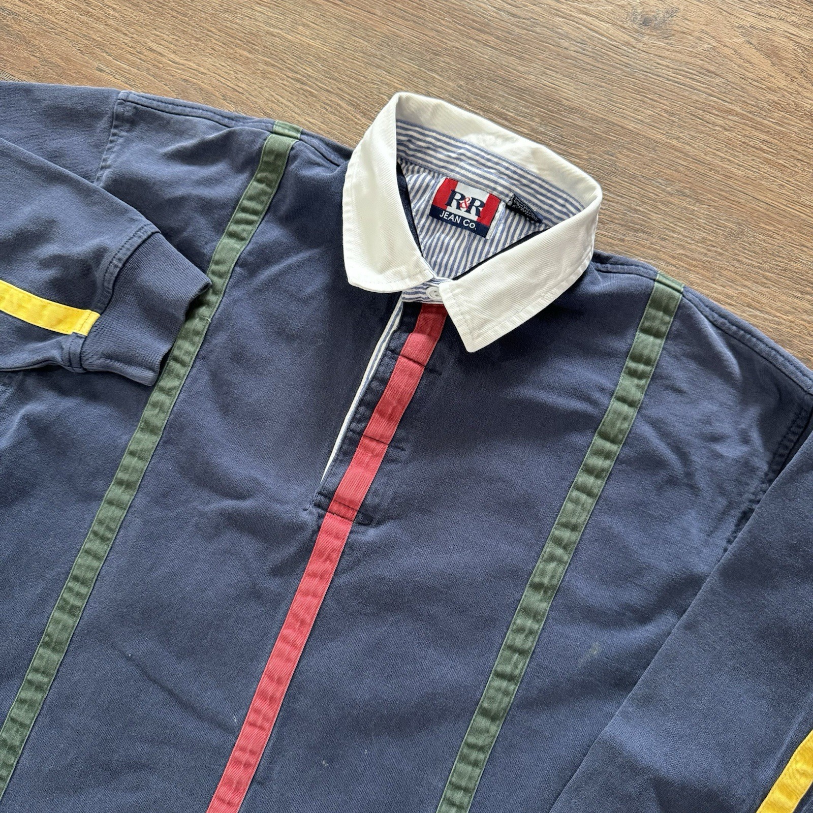 VTG Y2K Rugby Style Striped Colorblock Polo Shirt Men’s Sz L R&R Jean Co Multi