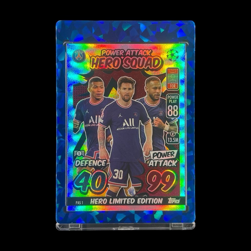 LIONEL MESSI KYLIAN MBAPPE & NEYMAR TRIPLE RAINBOW HOLO FOIL 2021-22 Topps Card