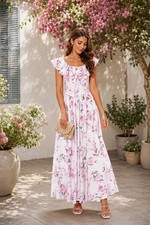 Grace Karin Women’s Floral White Pink Summer Maxi Dress off shoulder Size S