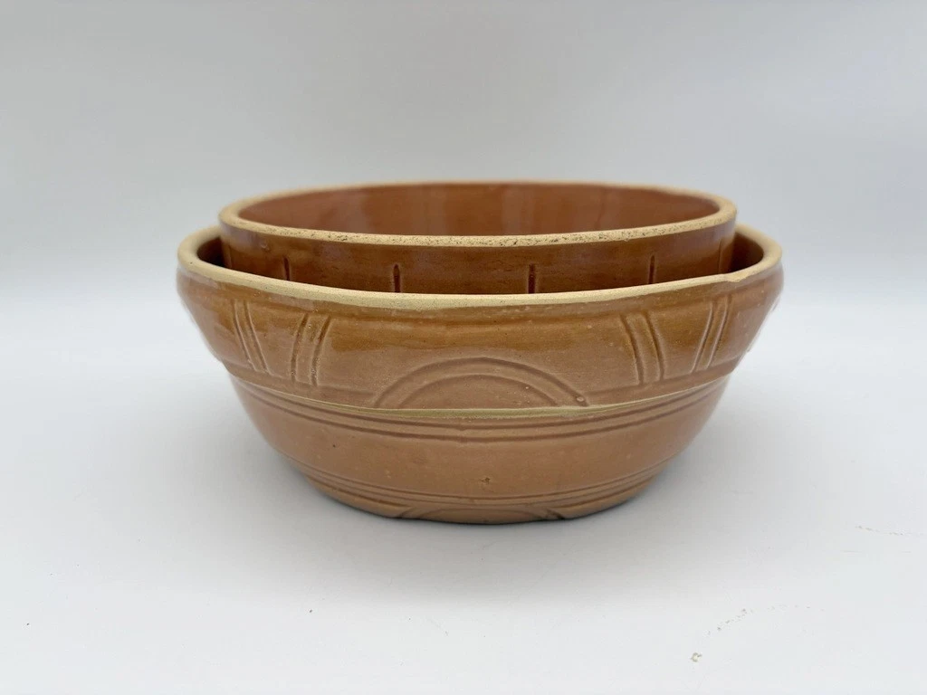 Two Yelloware Mixing Bowls Brown Caramel Primitive Pottery Antique USA Watt