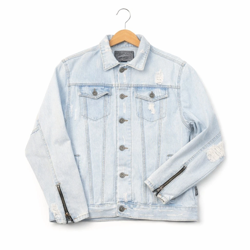 Men's Trucker Denim Jean Jacket Blue Light Wash Large Cotton Zippers Brooklyn